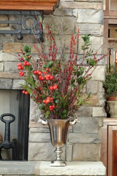 Burgundy Red Berries in Silver Urn