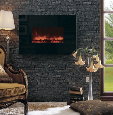 The popularly priced 38" wall mounted electric fireplace has a Crystal Black facing as standard equipment, or you may order it with optional natural stone Facing Frames to customize your room.
