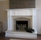 The Orland Wood Mantel, the Hampton Court Limestone Surround, and our Golden Sand Cashmere Granite Facing.  Contact us for details about the custom hearth wrap that was designed for this fireplace
