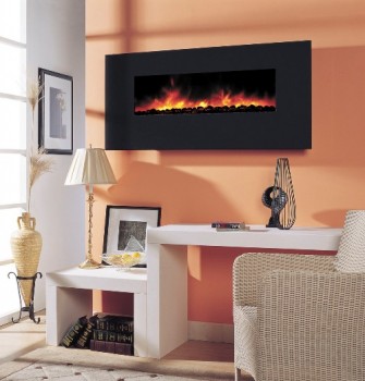 Crystal Black Glass is the standard facing frame for this modern wall hung 57" Electric Fireplace, the BG100 series.  Four optional stone facings