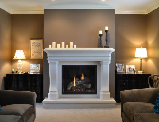 Stone mantel, shown with 4-piece facing, a 20" hearth and additional stone facing for the ends & front of a raised hearth platform