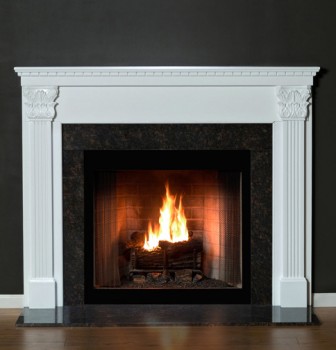 The Olympic Fireplace Mantel has Dentil molding and Corinthian styling