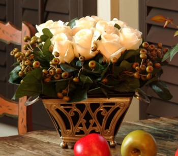 Cream White Rose Buds in Silver Planter