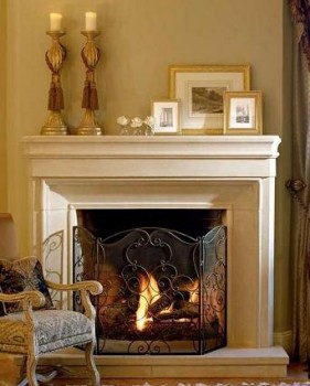 A stylish stone mantel with a short 66" mantel shelf