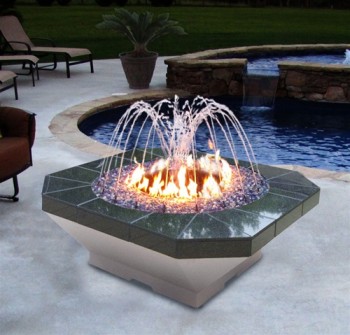 The Gemini square Fire Pit and Water Fountain with light kit and granite tile top (Tunas Green shown in photo)