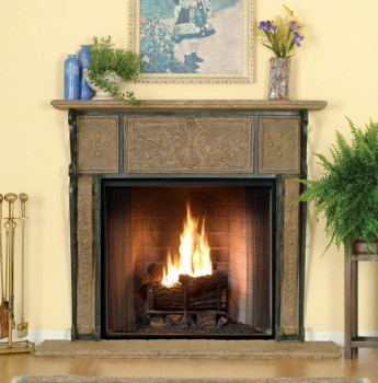 This elegant but rustic stone fireplace mantel has Spanish influence and design details.