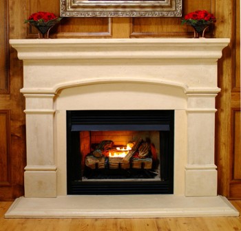 Arched sandstone mantel, with adjustable facing panels