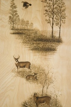 Nature's Woods Decorative Wall Paneling features outdoor landscapes with deer and fowl.
