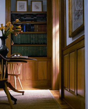 Raised Panel Wainscoting, in a selection of woods, either paint or stain grades, for libraries, dining rooms, foyers, hallways, and other areas of your home or business! Variety of heights and factory finishes.