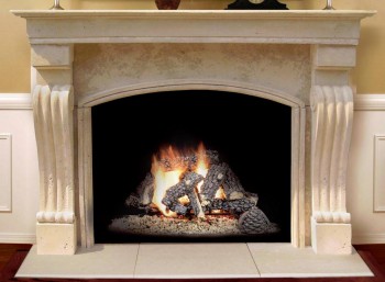 This mantel system includes the arched facing and hearth