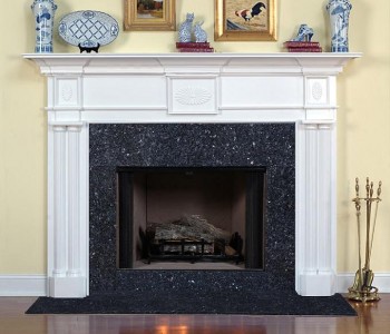 The Columbia (no dentil molding) ia traditional fireplace mantel with Blue Pearl Granite facing