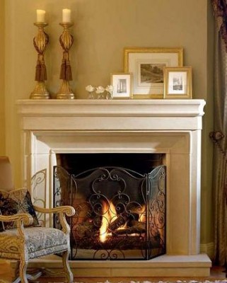 A stylish stone mantel with a short 66" mantel shelf