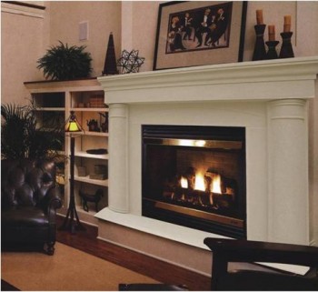The Pilar thin cast stone mantel, complete with facing and hearth!  Featuring heavy round columns