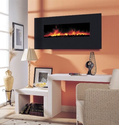 Crystal Black Glass is the standard facing frame for this modern wall hung 57" Electric Fireplace, the BG100 series.  Four optional stone facings