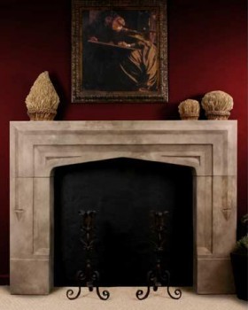 A Tudor, English style stone mantel with a short 68" mantel overall width